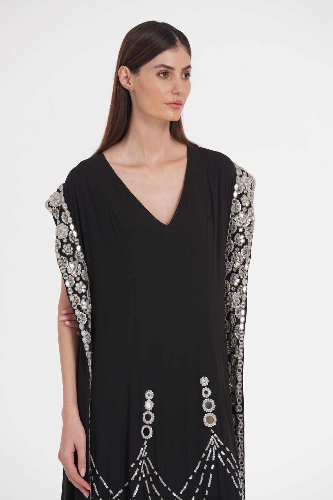 Abhinav Mishra - Charcoal black hand embroidered kaftan