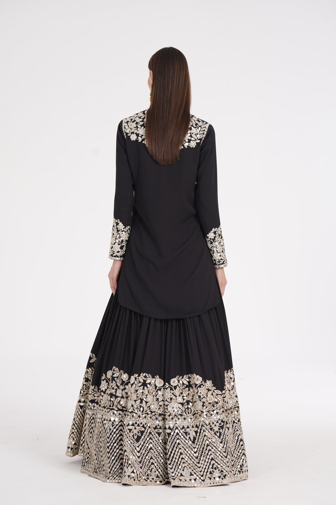 Abhinav Mishra - Carbon black kurti skirt embellished using ivory trims