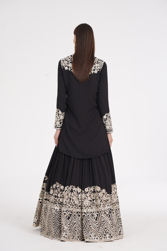 Abhinav Mishra - Carbon black kurti skirt embellished using ivory trims