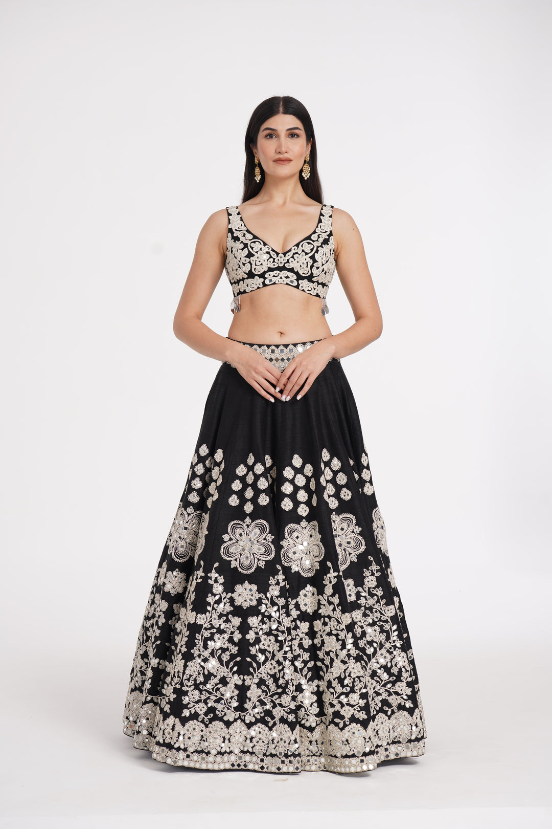 Abhinav Mishra - Jet black lehenga set embellished using ivory details
