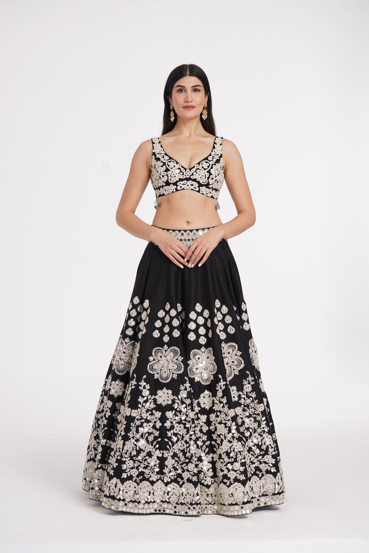 Abhinav Mishra - Jet black lehenga set embellished using ivory details