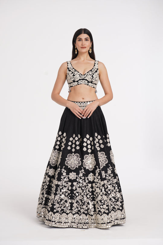 Abhinav Mishra - Jet black lehenga set embellished using ivory details