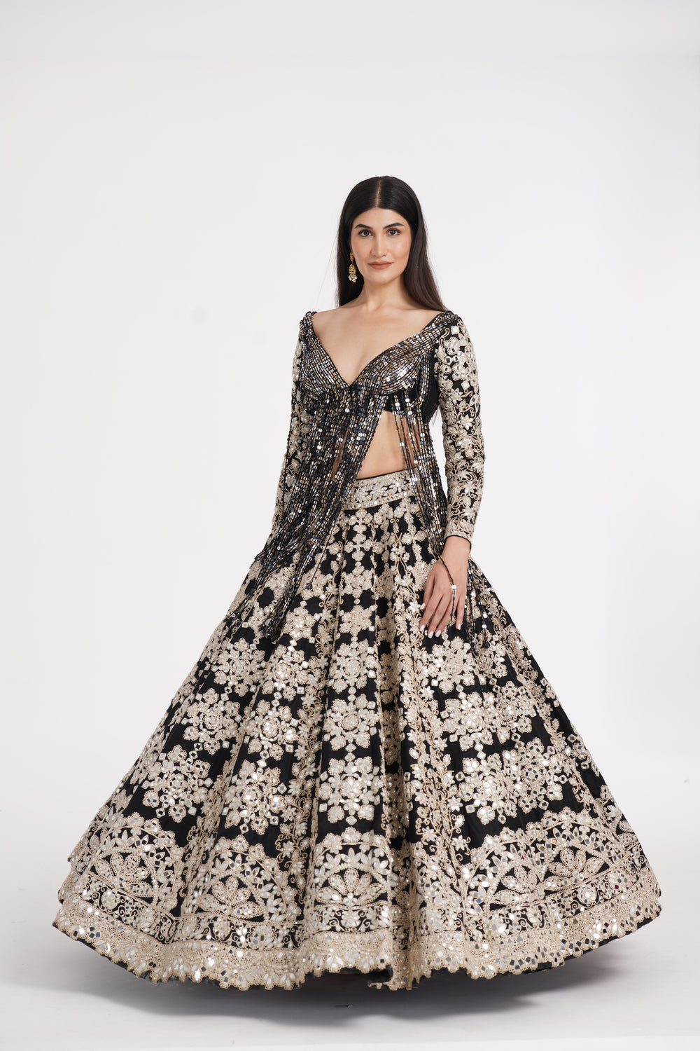 Abhinav Mishra - Jet black lehenga set embellished using ivory details