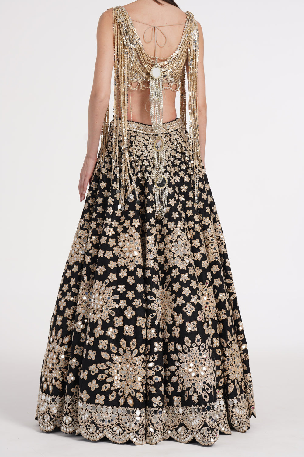 Abhinav Mishra - Matte black fringes blouse skirt set
