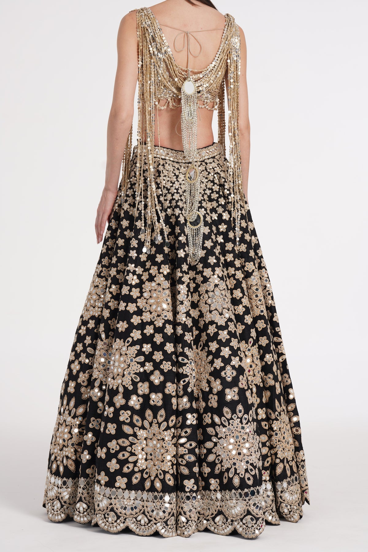 Abhinav Mishra - Matte black fringes blouse skirt set