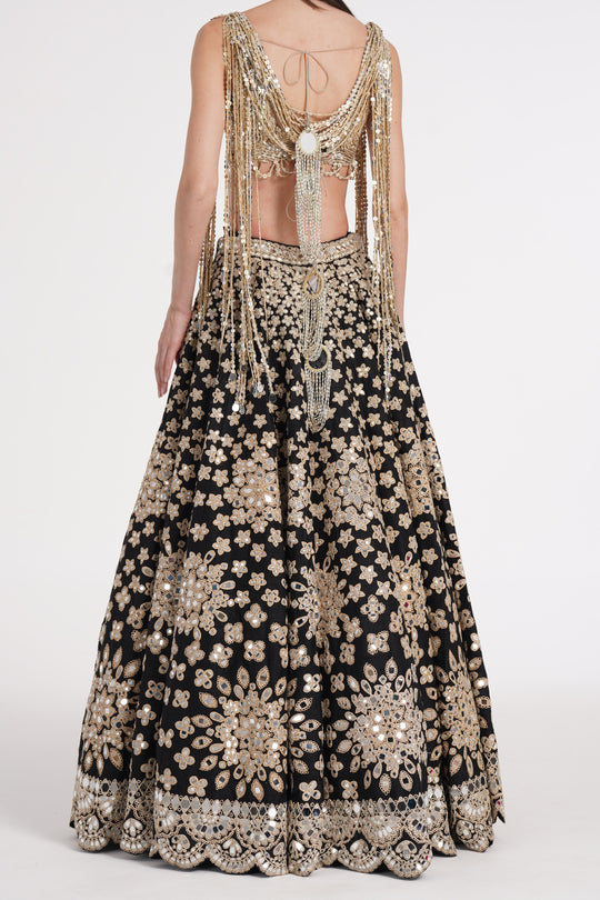 Abhinav Mishra - Matte black fringes blouse skirt set