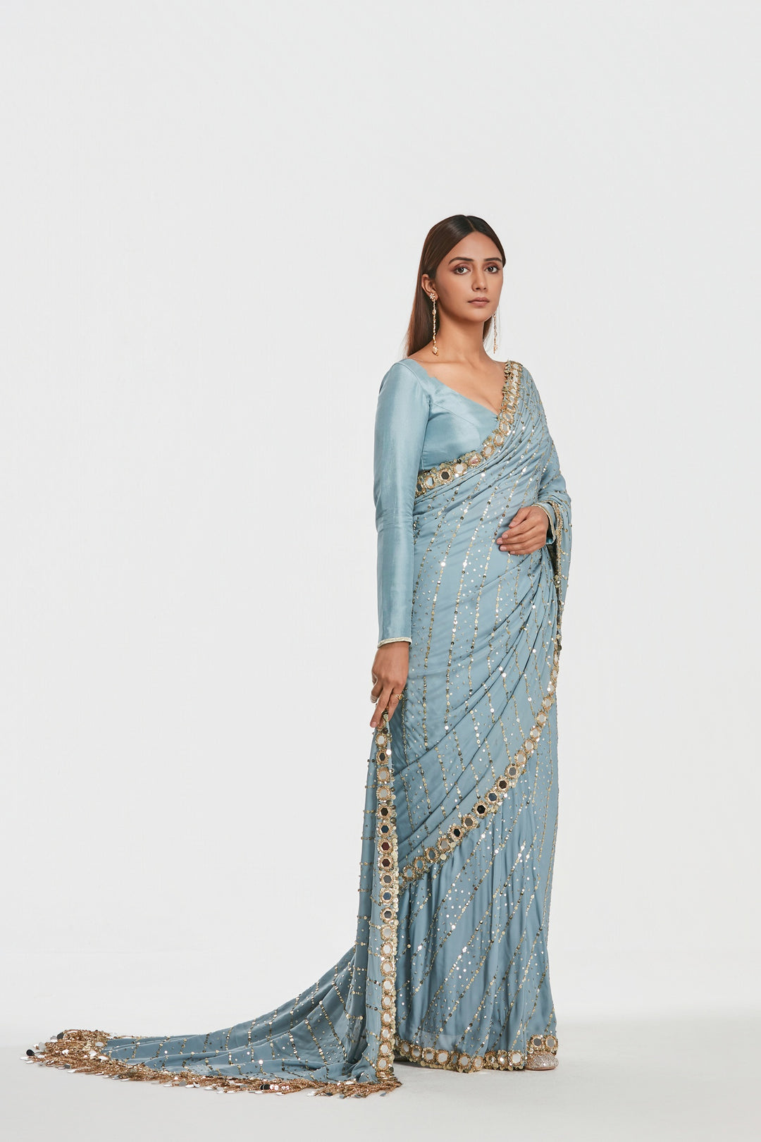 Abhinav Mishra - Shrine Alice Blue Saree Set