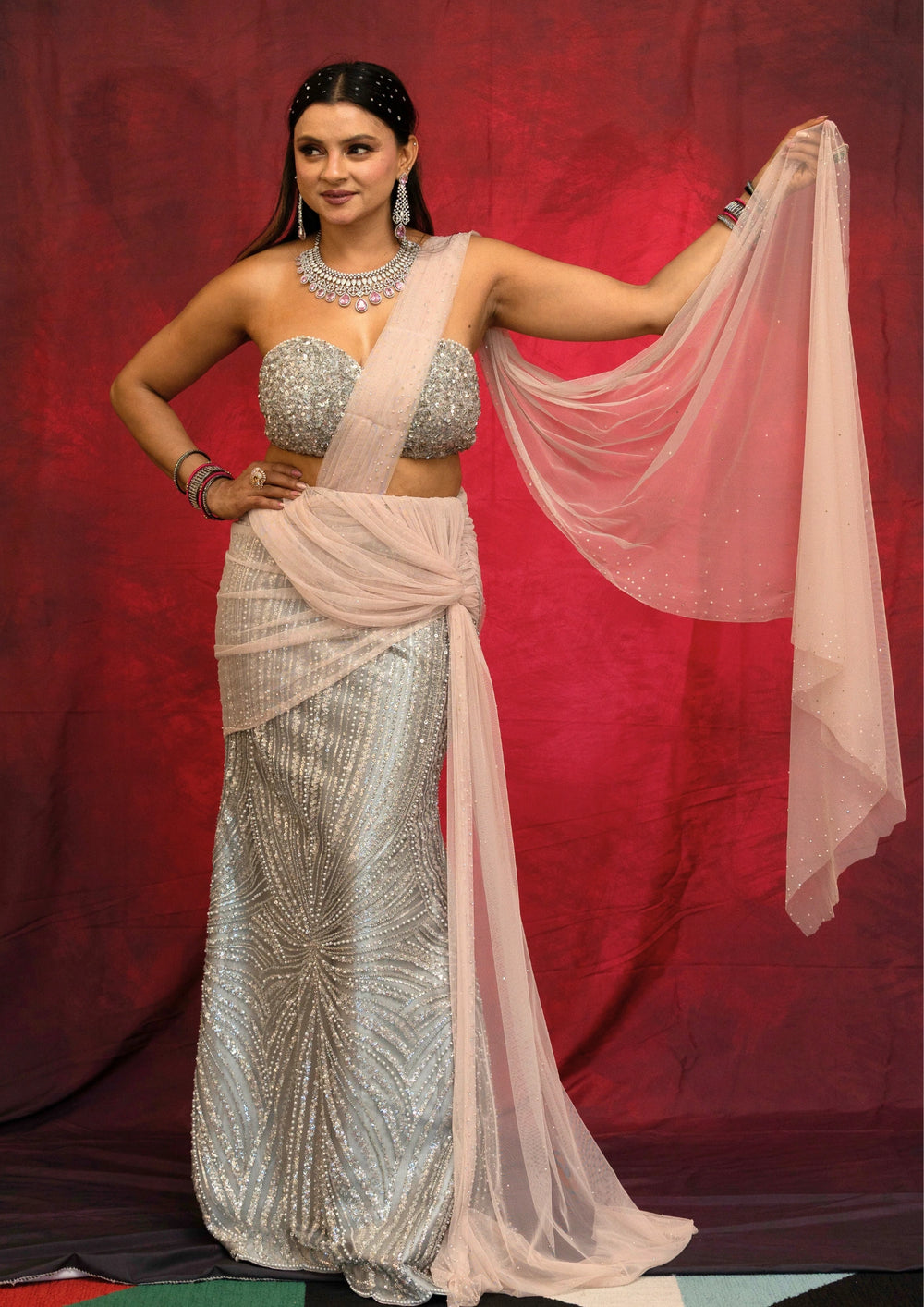 Myra – Silver Starlight Sequin Saree