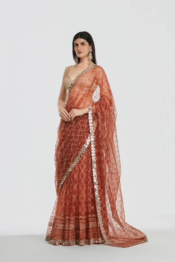 Abhinav Mishra - Shrine Burnt Orange Saree Set