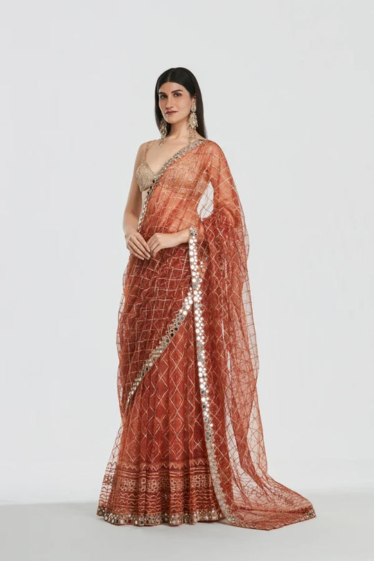 Abhinav Mishra - Shrine Burnt Orange Saree Set