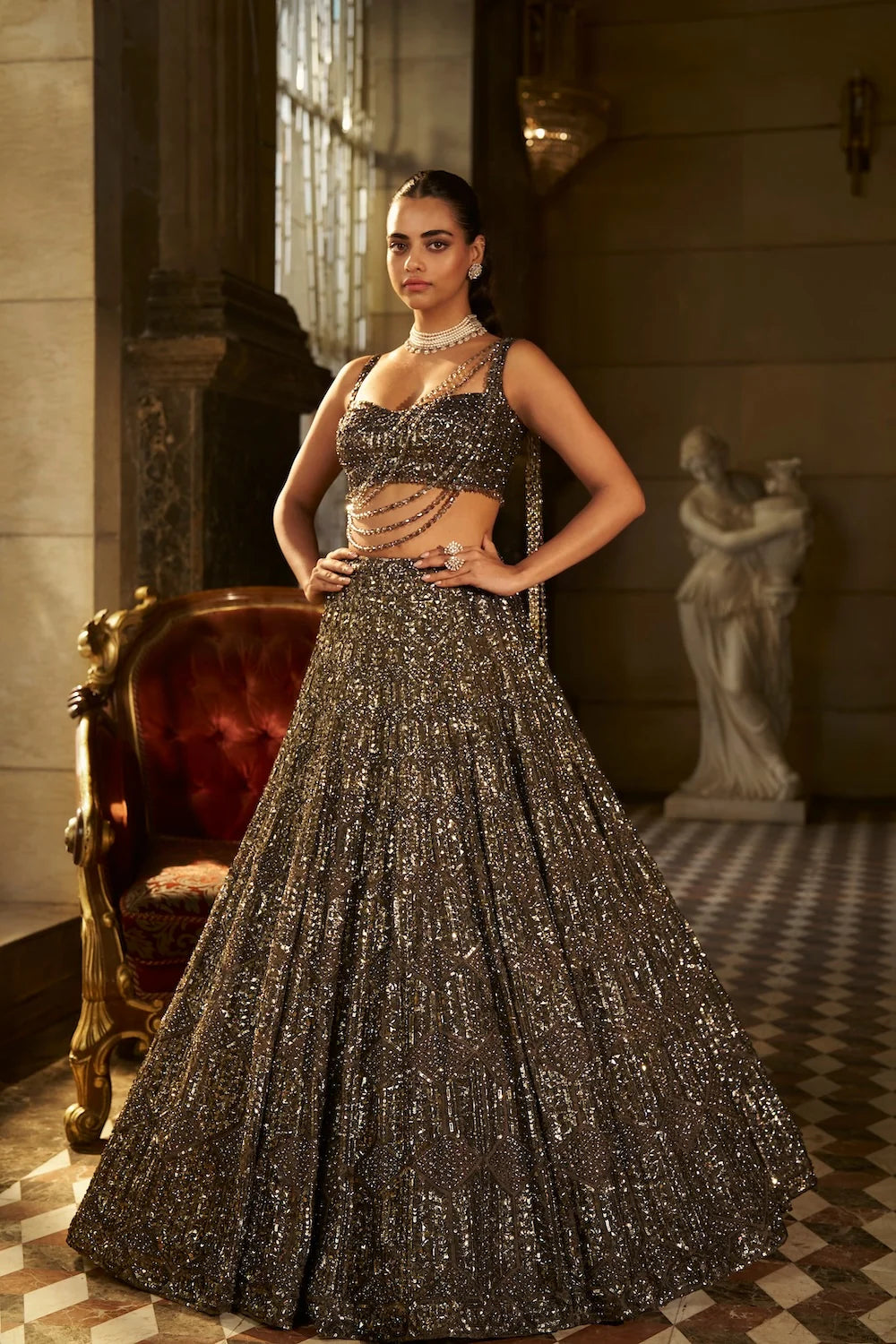 Seema Gujral - Charcoal Sequin Lehenga Set