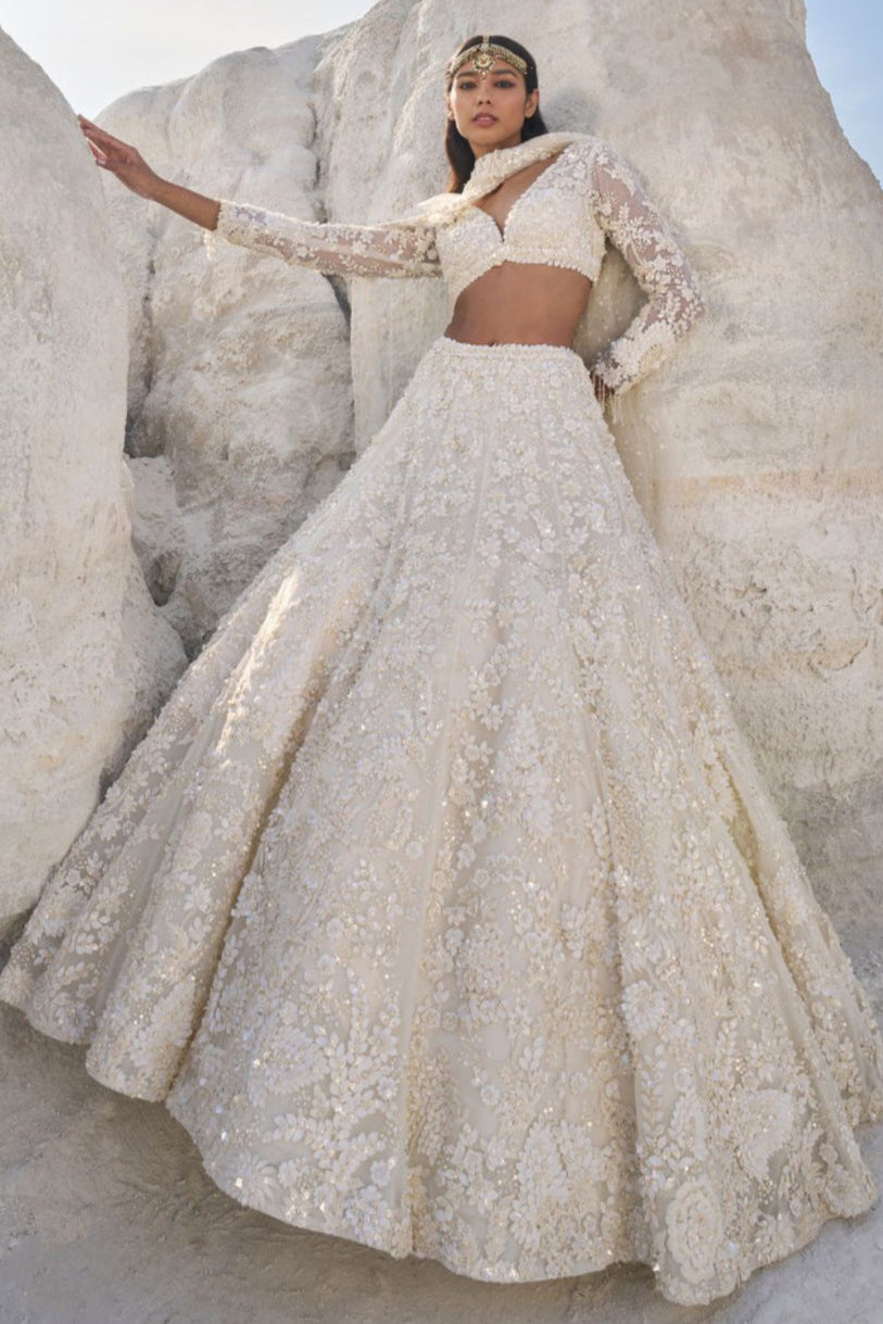 Seema Gujral - Cream Three-Dimensional Lehenga Set