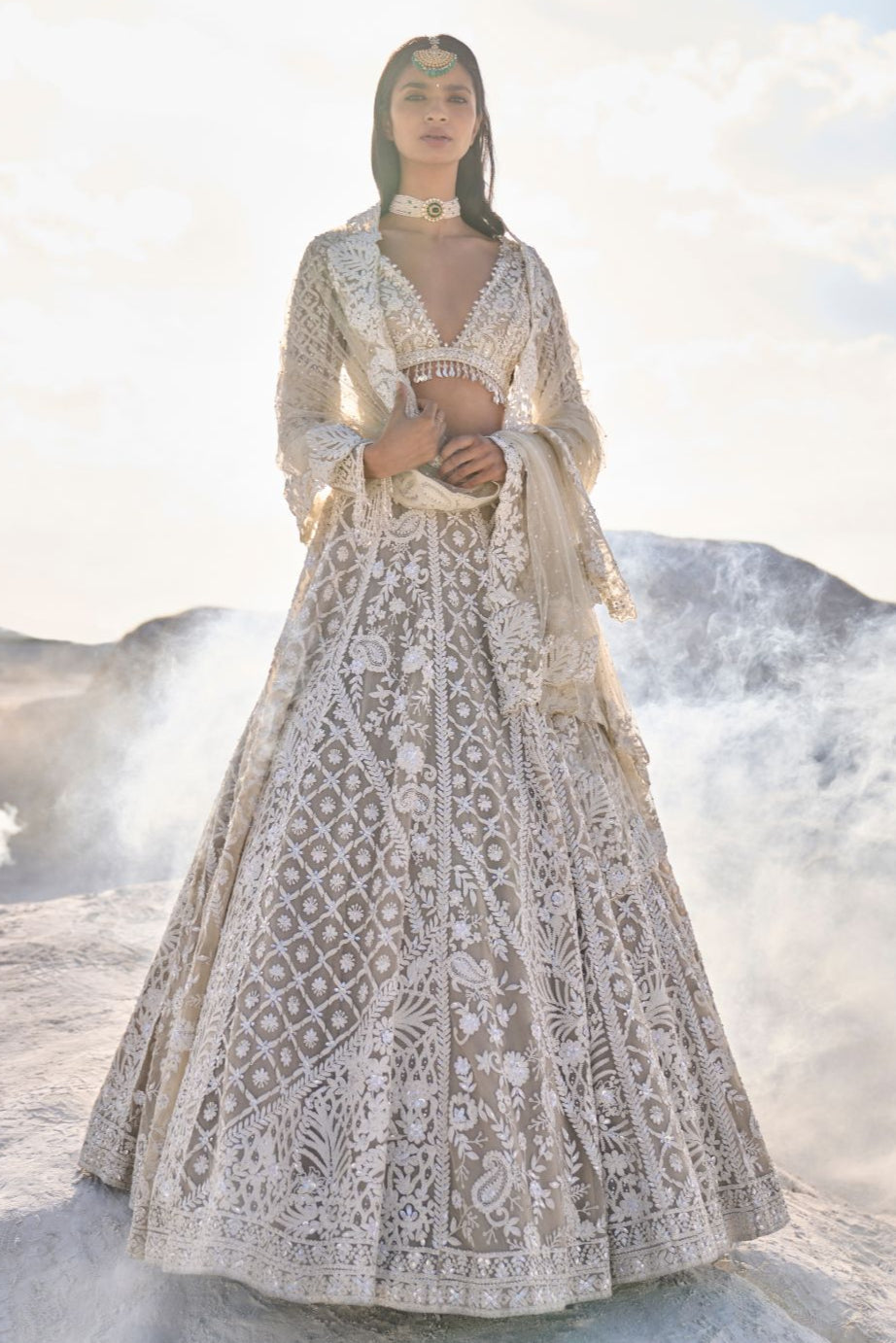 Seema Gujral - Nude Cream Abstract Dori Lehenga Set