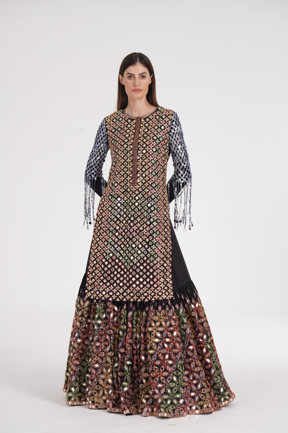 Abhinav Mishra - Matte Black Kurta Skirt Set Embroidered Using Warm Pastels