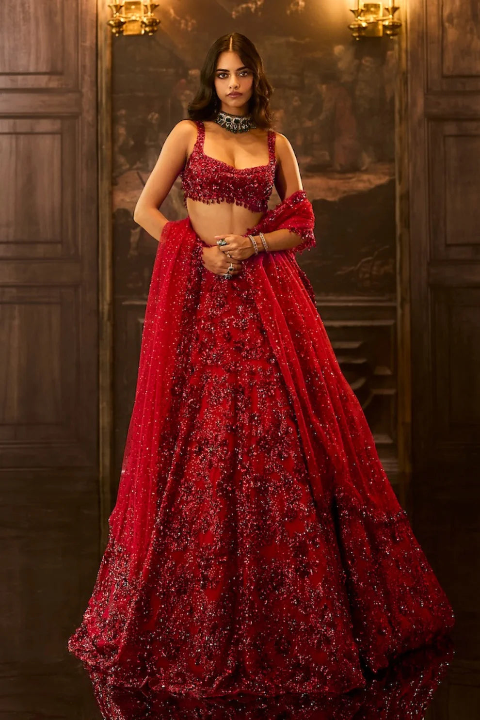 Seema Gujral - Red Sequin &amp; Crystal Lehenga Set
