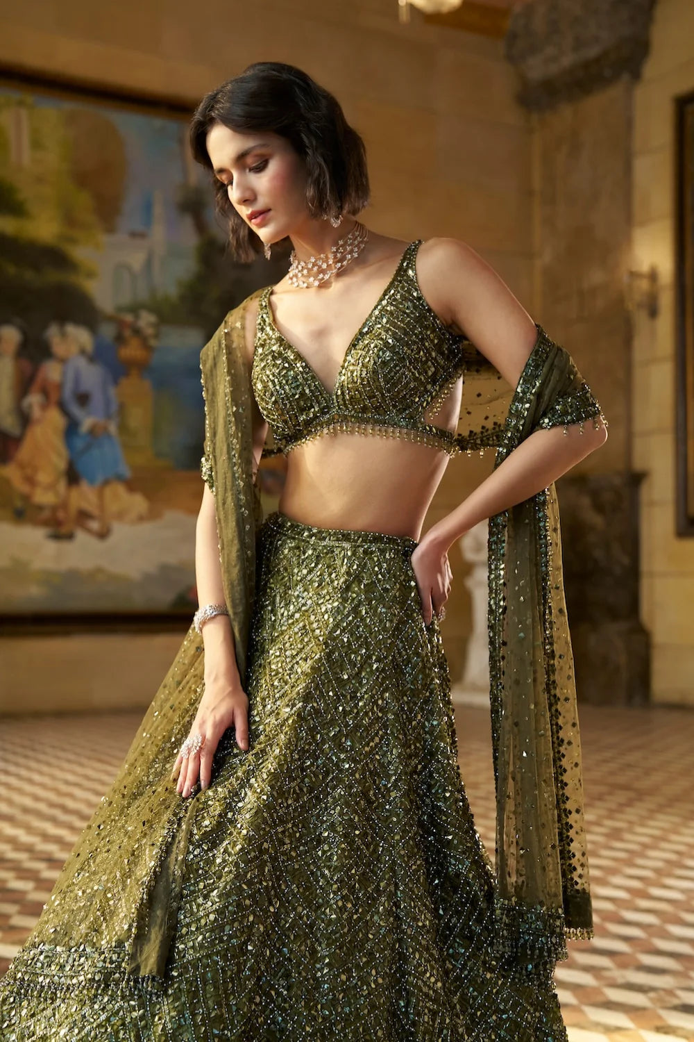 Seema Gujral - Moss Green Sequin Lehenga Set