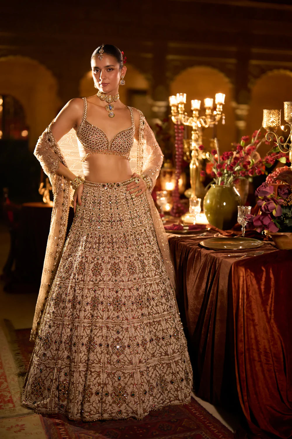 Seema Gujral - Ruby &amp; Emerald Pearl Lehenga Set