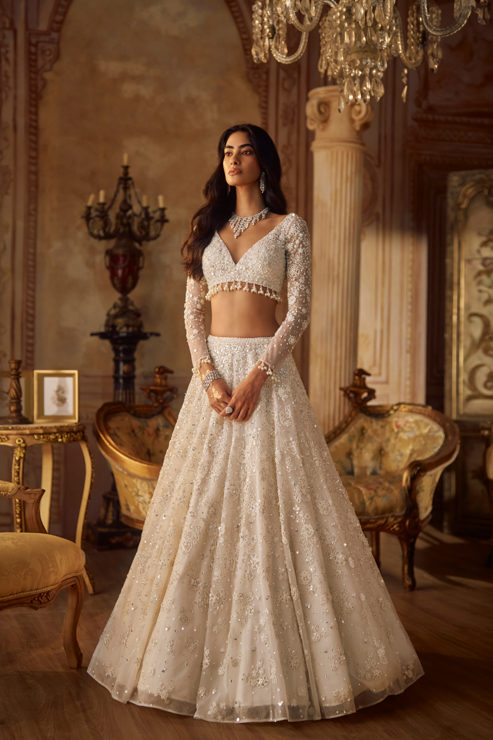 Seema Gujral - Ivory Floral Lehenga Set
