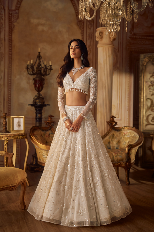 Seema Gujral - Ivory Floral Lehenga Set