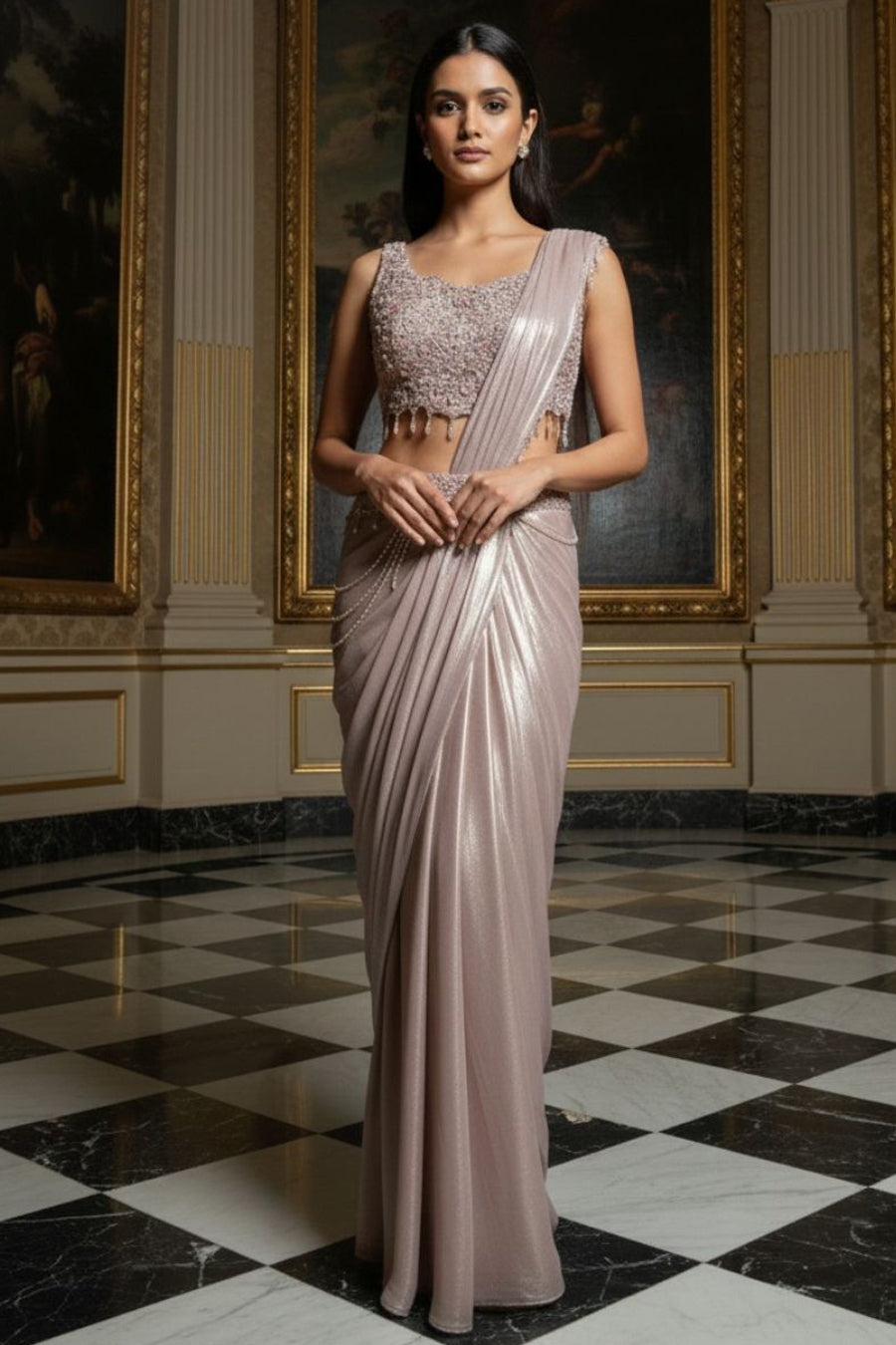 Radiate Luxury in Our Rose Gold Metallic Pre-Draped Saree