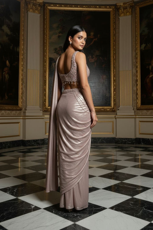 Radiate Luxury in Our Rose Gold Metallic Pre-Draped Saree