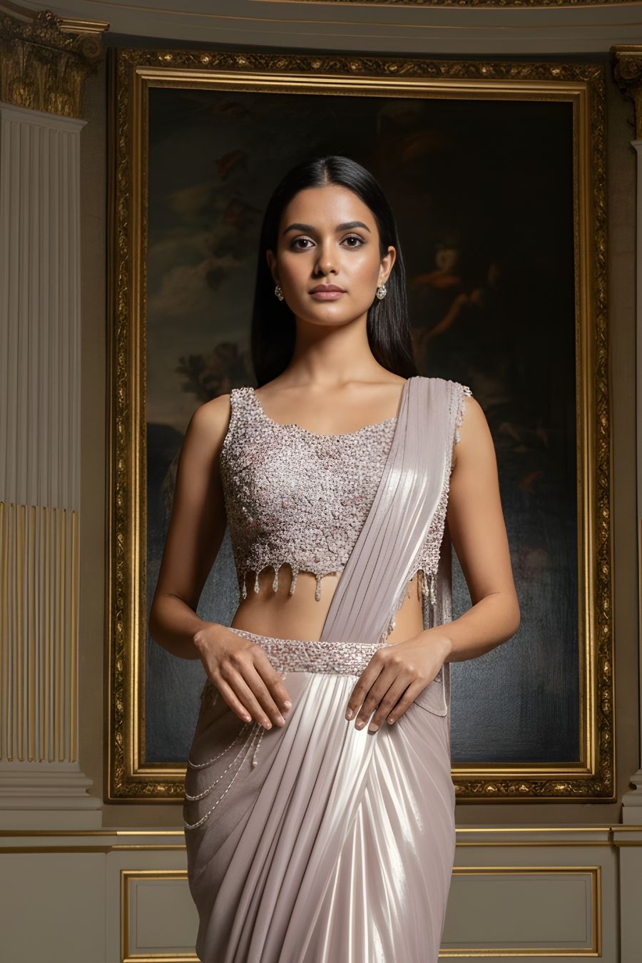 Radiate Luxury in Our Rose Gold Metallic Pre-Draped Saree