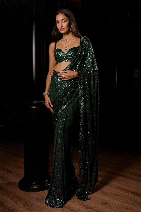 Seema Gujral - Emerald Green Ombre Sequin Georgette Saree