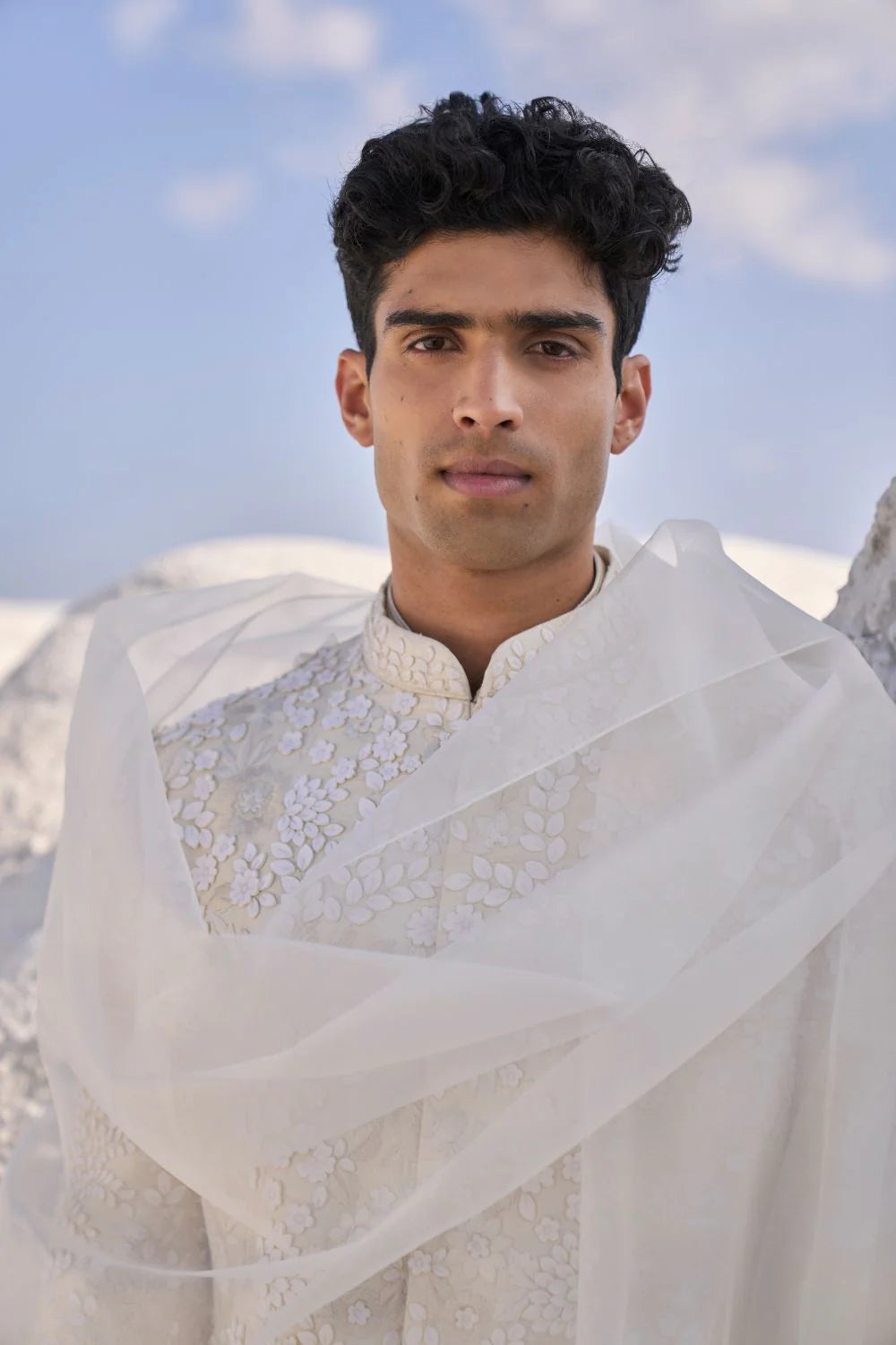 Seema Gujral - Cream Three Dimensional Floral Sherwani Set