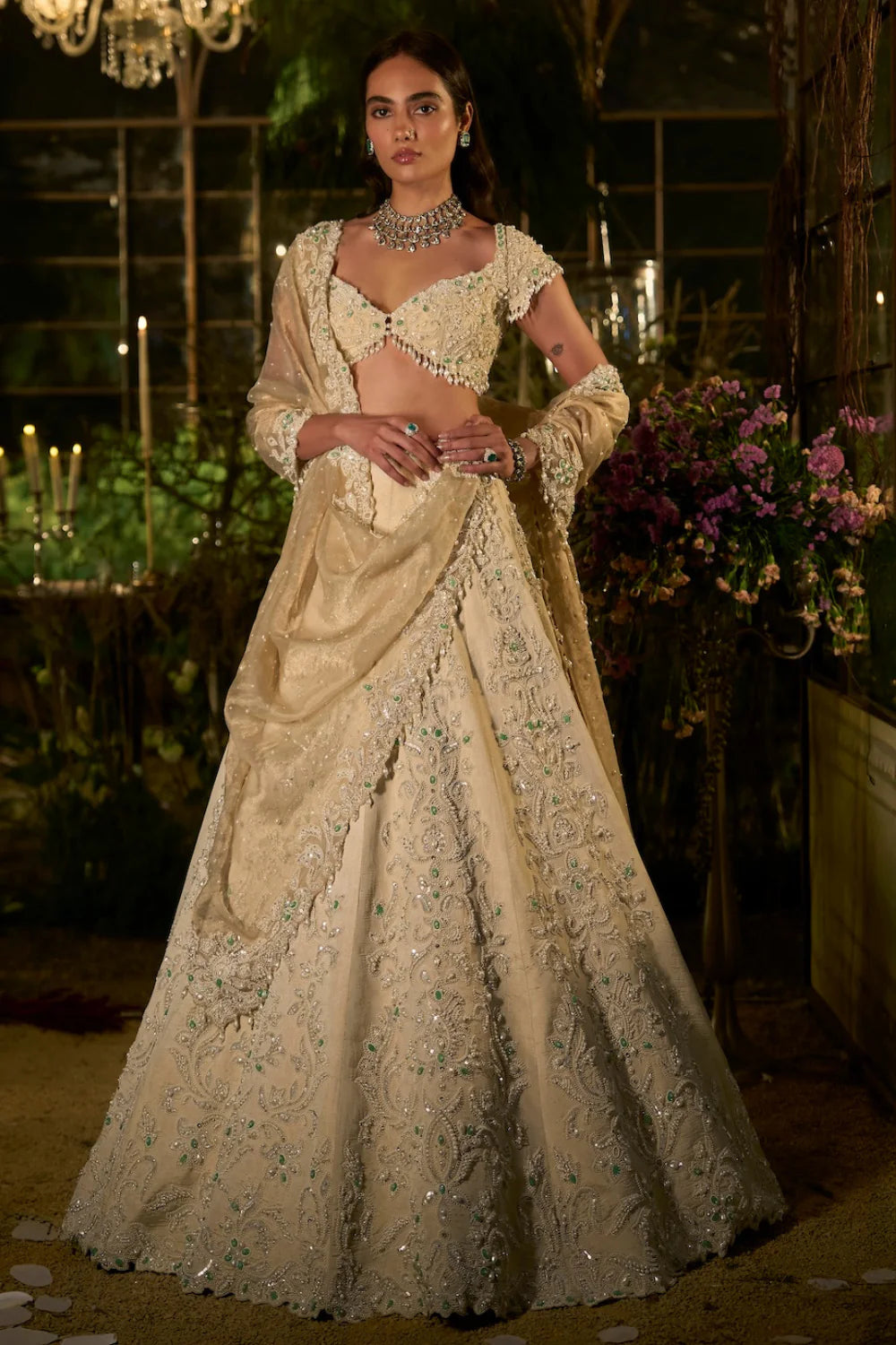 Seema Gujral - Light Gold Pearl Lehenga Set