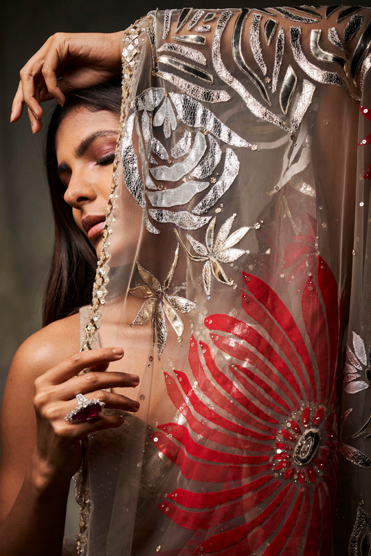 Seema Gujral - Nude Metallic Applique Saree