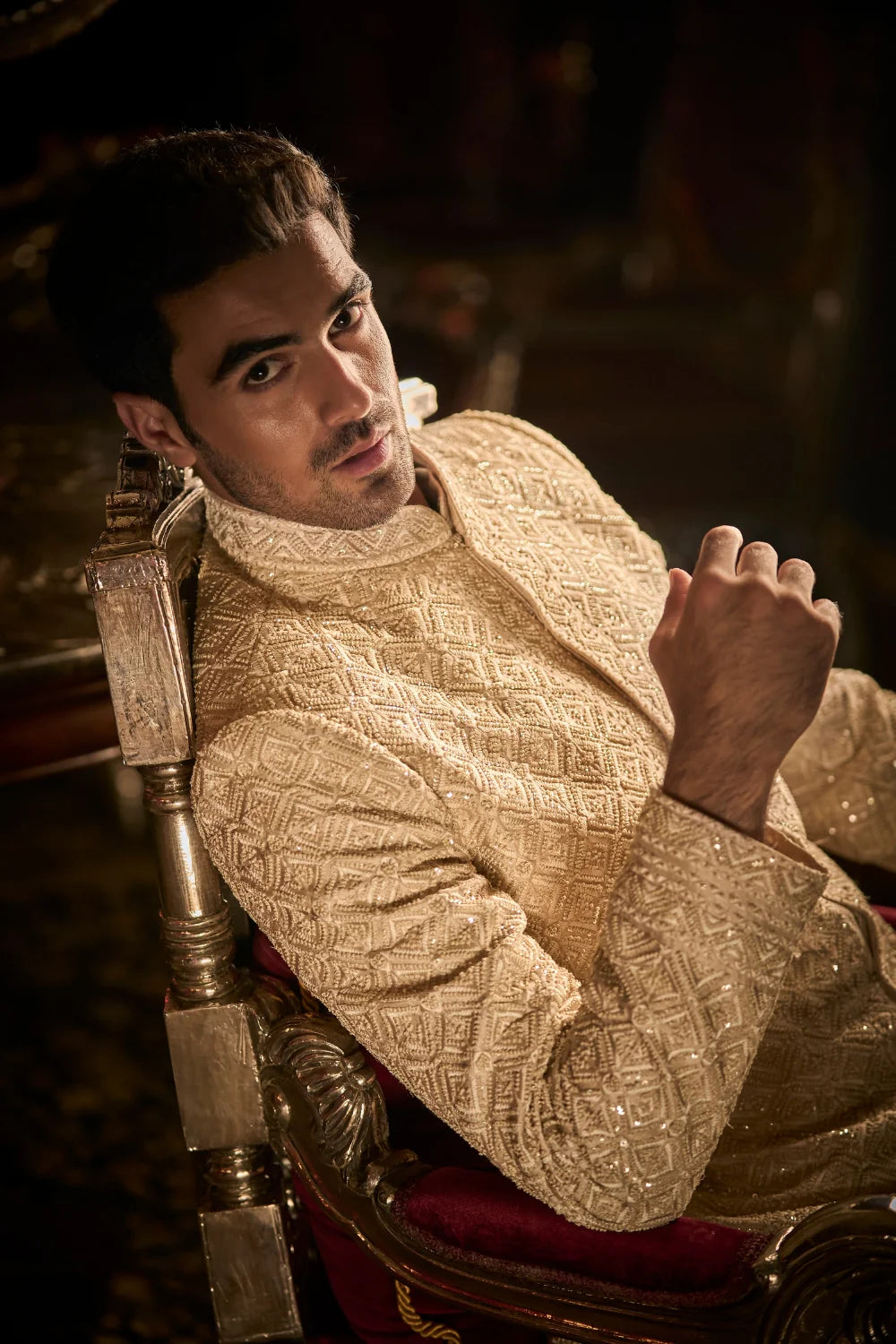 Seema Gujral - Nude Thread Sequin Work Sequin Sherwani Set