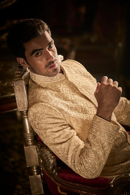 Seema Gujral - Nude Thread Sequin Work Sequin Sherwani Set