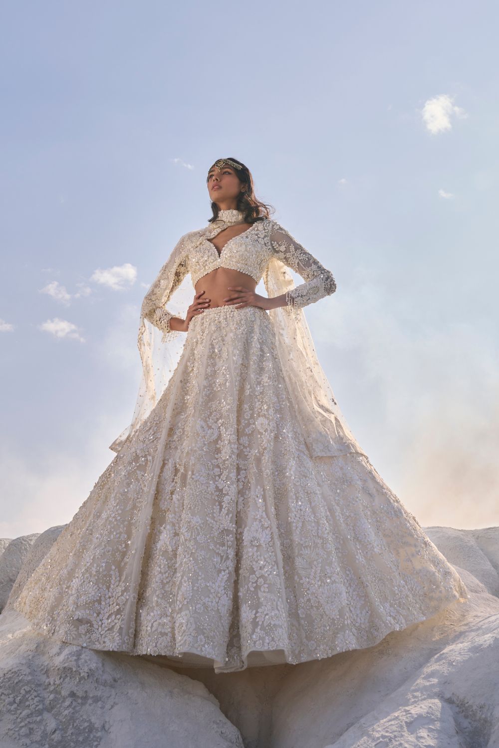 Seema Gujral - Cream Three-Dimensional Lehenga Set