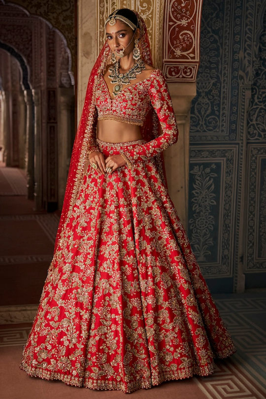 Seema Gujral - Red Crystal Lehenga Set