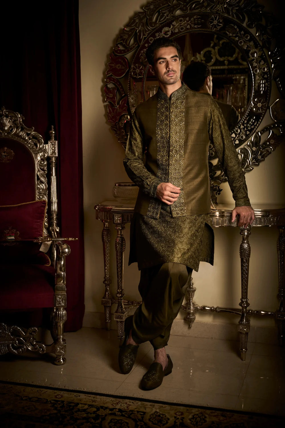 Seema Gujral - Military Green Bundi Set