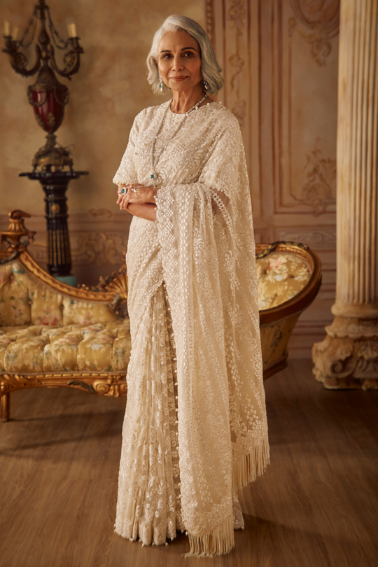 Seema Gujral -Ivory Organza Stripe Saree