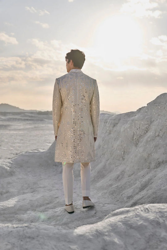 Seema Gujral - Off-White Mirror Work Sherwani Set