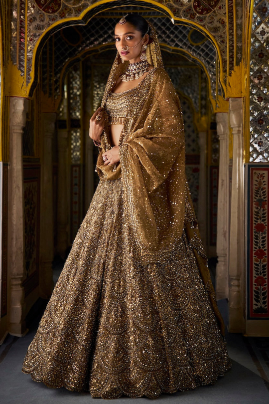 Seema Gujral - Antique Gold Scalloped Lehenga Set