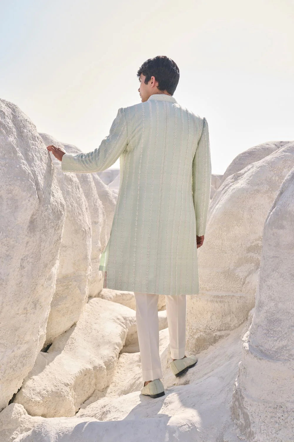 Seema Gujral - Sea Green Pearl Open Sherwani Set