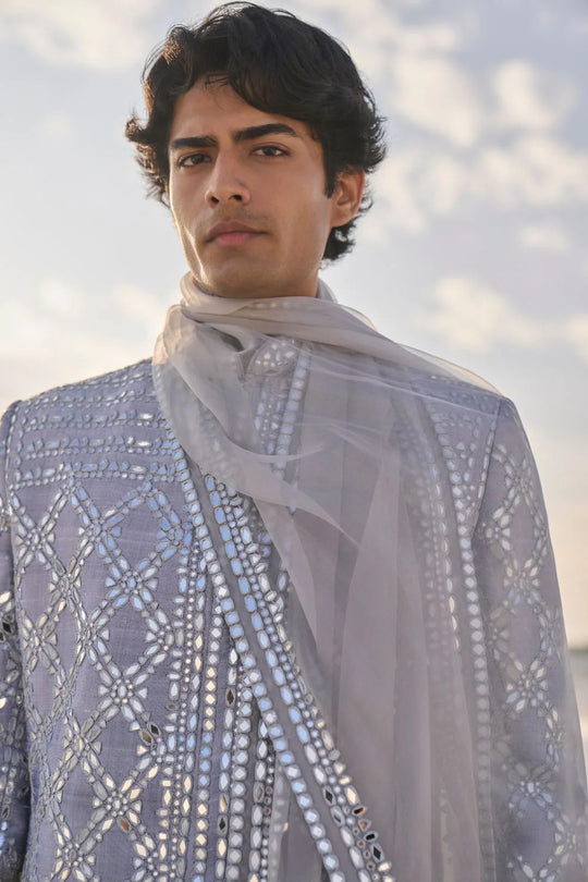 Seema Gujral - Metallic Grey Mirror Work Sherwani Set