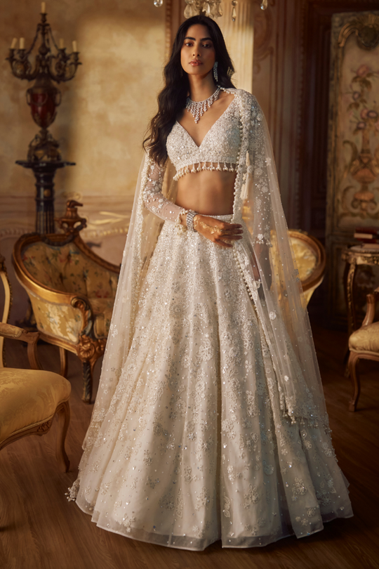 Seema Gujral - Ivory Floral Lehenga Set