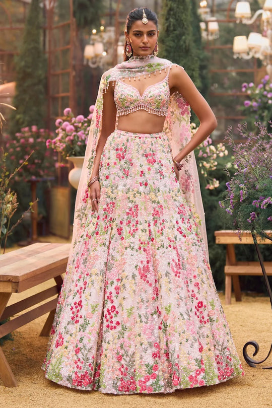Seema Gujral - Powder Peach Multi-Coloured Lehenga Set