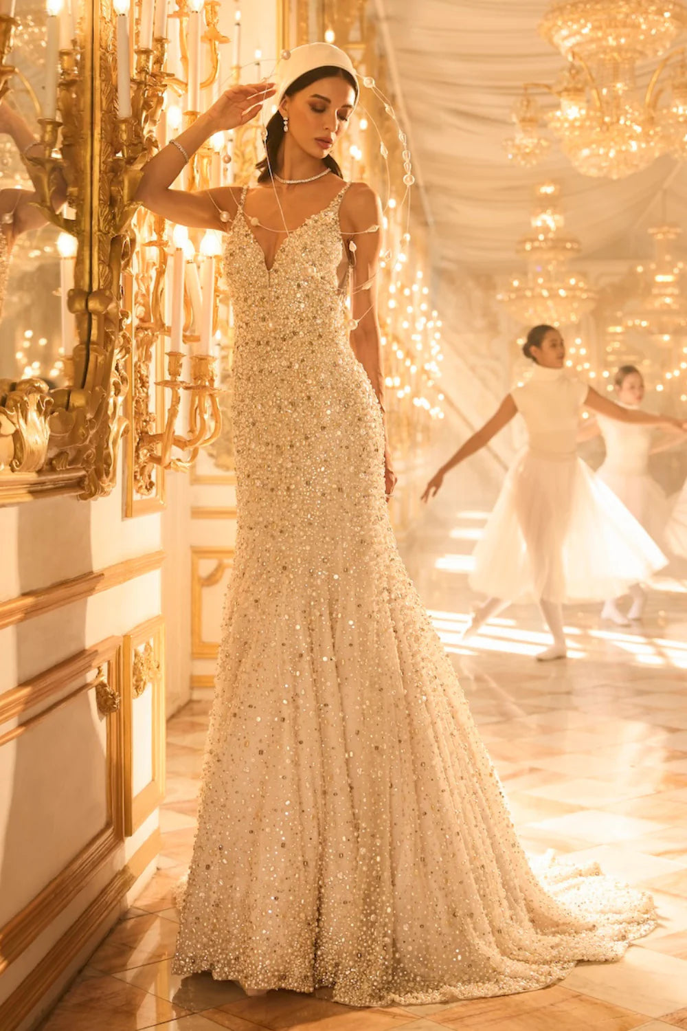 Seema Gujral - Ivory Pearl Trail Gown