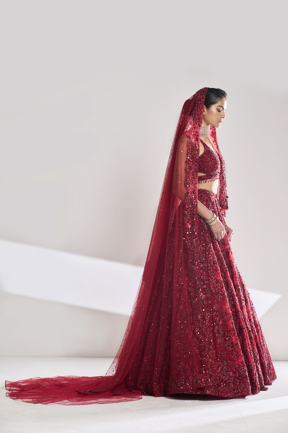 Seema Gujral - Maroon Sequin Lehenga Set