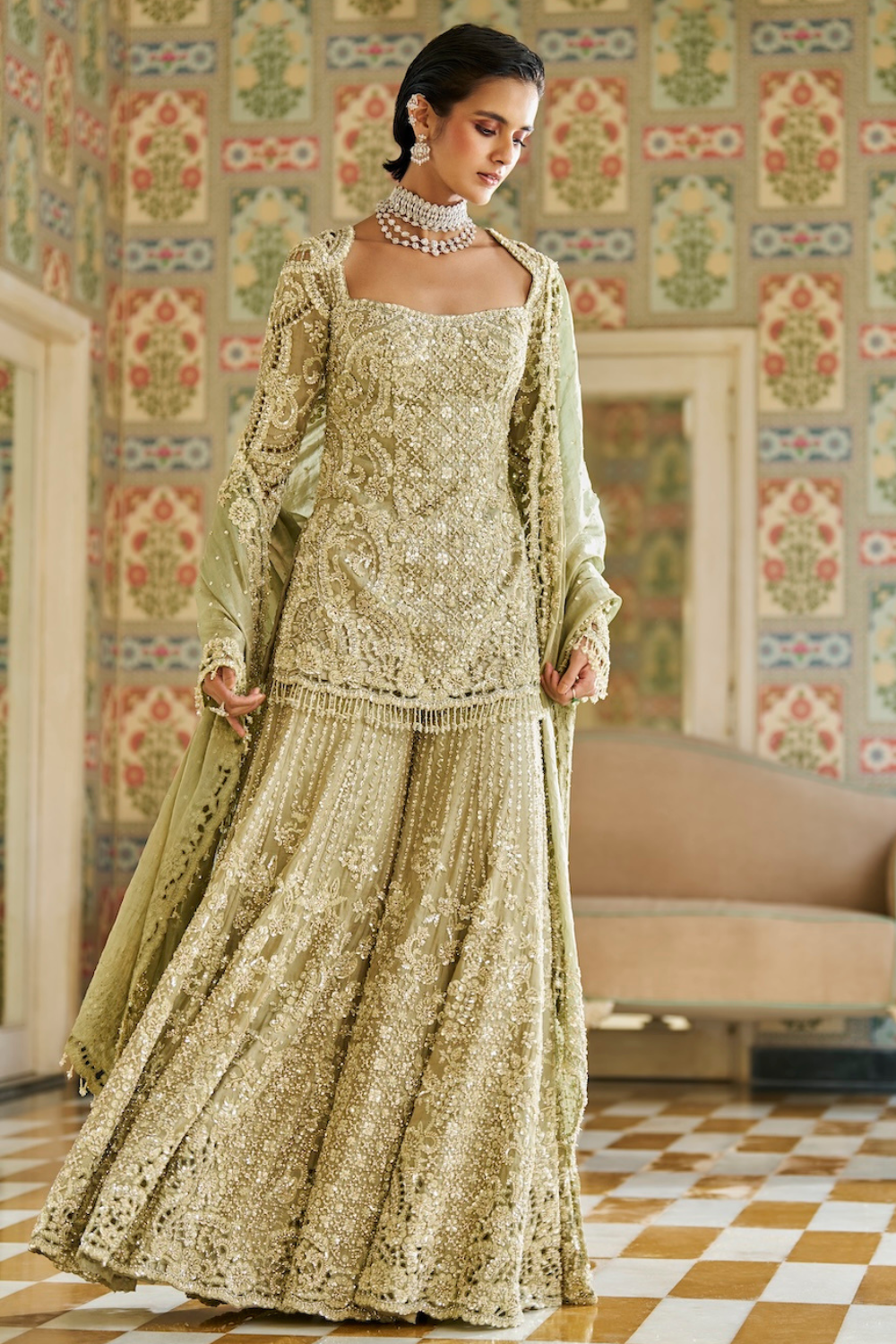 Seema Gujral - Sage Green Sharara Set