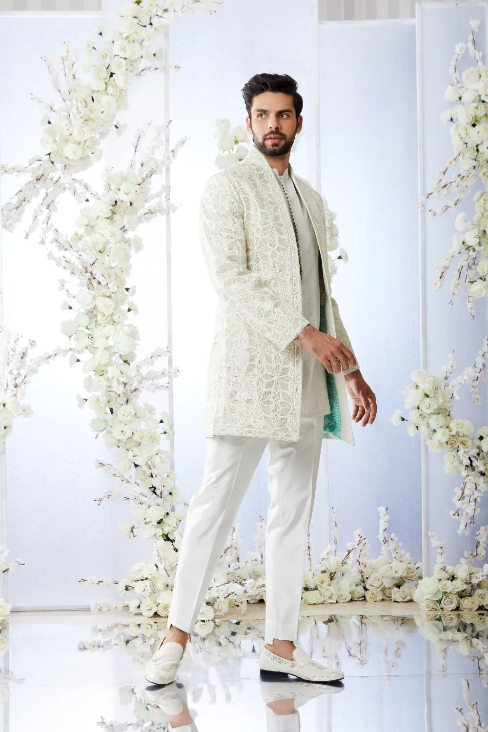 Seema Gujral - Antique Silver Open Short Sherwani Set