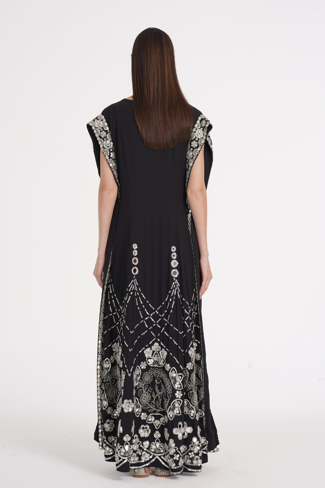 Abhinav Mishra - Charcoal black hand embroidered kaftan