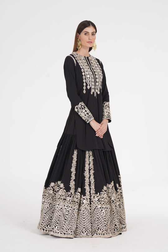 Abhinav Mishra - Carbon black kurti skirt embellished using ivory trims