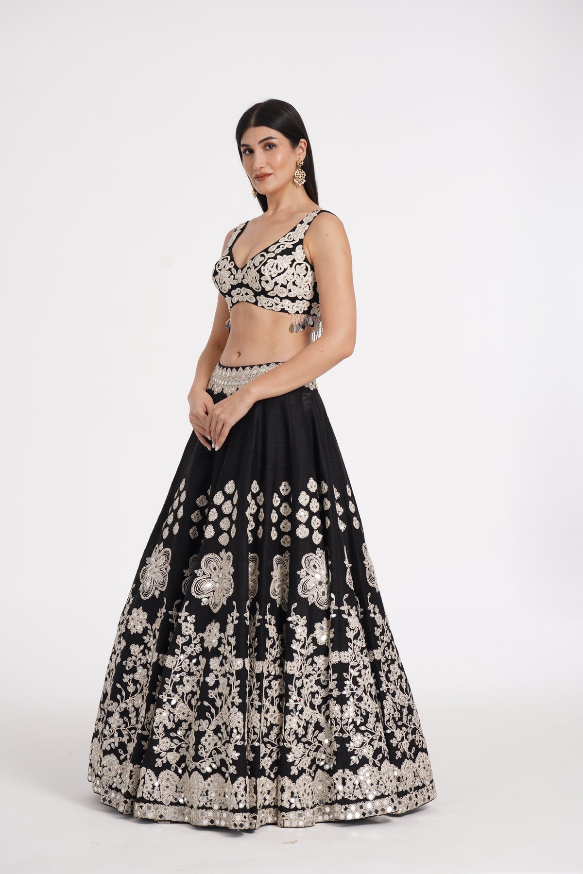 Abhinav Mishra - Jet black lehenga set embellished using ivory details