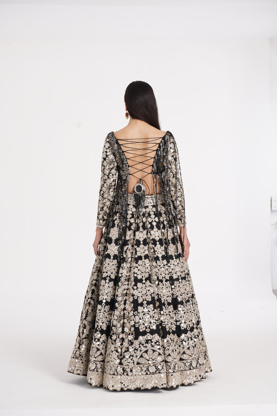 Abhinav Mishra - Jet black lehenga set embellished using ivory details